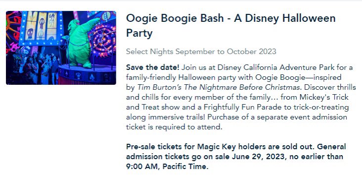 HiJindy's tweet photo. The Magic Key Oogie Boogie Bash pre-sale doesn’t start until tomorrow, but the Disneyland website is already glitching and reporting they’re sold out. https://t.co/XbSRQt9poR
