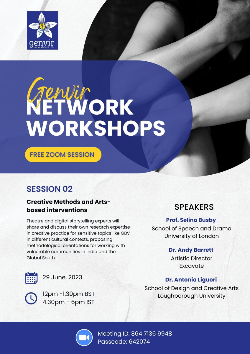 ProjectGenViR's tweet image. #GenvirNetworkWorkshops Session 02
Discussion on Creative Methods and Arts-based interventions by @selinabusby @andybarrett &amp;amp; @antonia_liguori
Live Zoom session on 29 June 2023 @ 12pm BST ; 4.30pm IST
Join for free! 
eventbrite.com/e/658243362617 
#GenViR #GenderBasedViolence #India