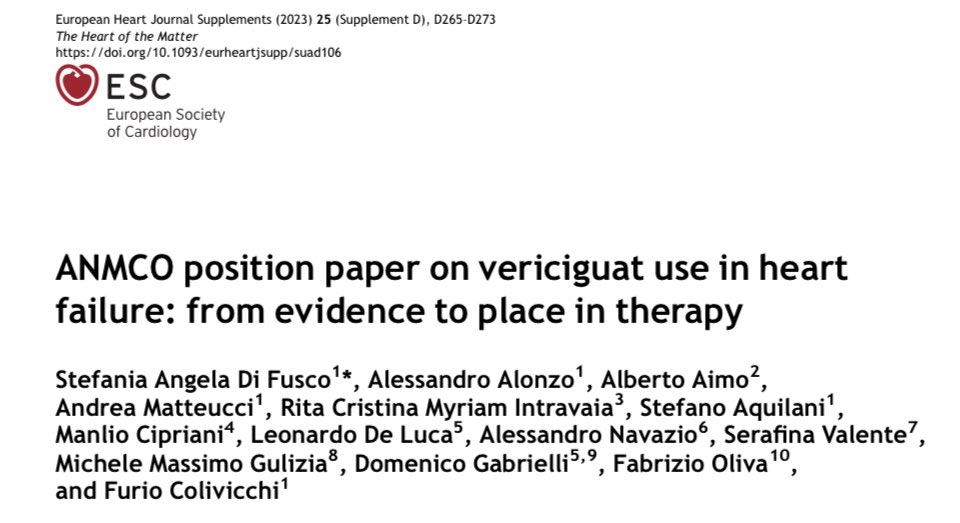 🔎find out the role of #vericiguat in #HF management on @ESC_Journals 🔔 @_ANMCO position paper, led by past-President Prof Colivicchi, a summary on 🔬mechanisms of actions, clinical evidence &🩺practical indications 
@leonardodeluca 
@AlbertoAimo90 
👇
academic.oup.com/eurheartjsupp/…