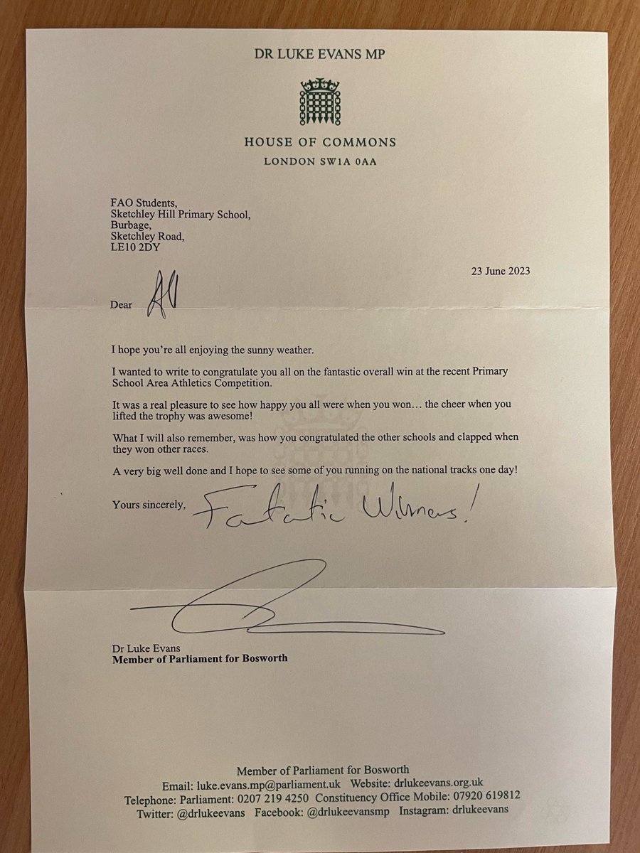 SketchleyHill's tweet photo. What a lovely letter to receive today from @drlukeevans congratulating Sketchley on our recent success at the Area Sports event! Well done everyone - a real team effort! #temwork #pride https://t.co/RDue57QjtQ