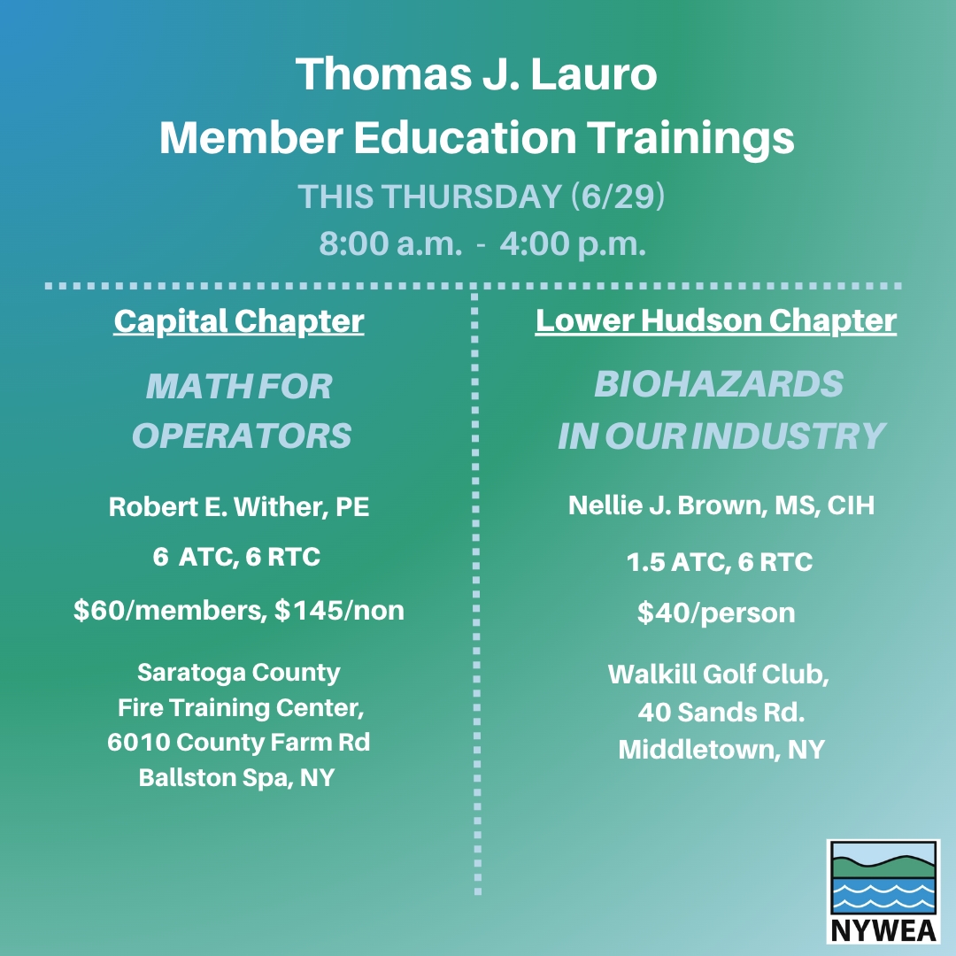 Take advantage of training offered this week!  

Math for Operators link to registration: buff.ly/3psdUAD 

Biohazards link to registration: buff.ly/3JyXu0m 

#NYWEA#WEF#WastewaterOperator #Biohazard #WaterWorkforce #WaterWorks #WatersWorthIt #MemberEducation