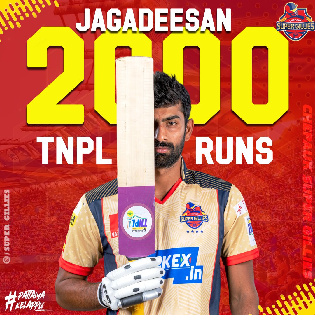 Congrats @Jagadeesan_200 on Achieving 2000+ Runs in TNPL... Miles to Go Gillie... #CSG #CSGvsSMP #SuperGillies #PattaiyaKelappu #TNPL2023