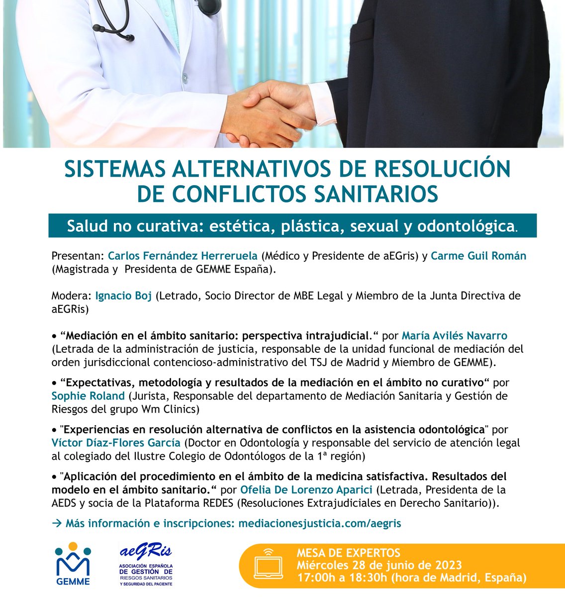 🚨🚨🚨28 de junio de 2023 a las 17:00h 
Webinar sobre "Resolución alternativa de conflictos sanitarios en salud no curativa" organizado conjuntamente por la aEGris y GEMME España <a href="/MediacionJusta/">MediaciónEsJusticia</a>.
#GEMMEEspaña #aEGris
¡Apúntate! mediacionesjusticia.com/aegris