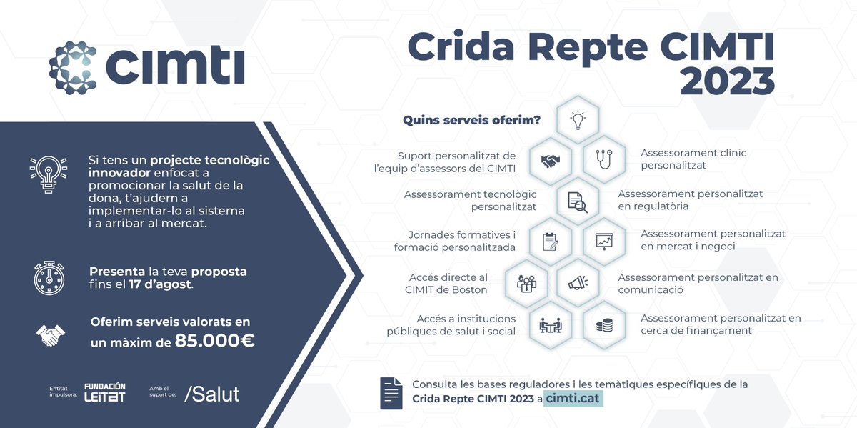 CIMTI_cat's tweet photo. 🚀La #CRIDARepte CIMTI 2023 ja està en marxa!
Busquem projectes innovadors adreçats a fomentar la promoció de la salut de la dona millorant el diagnòstic, tractament i seguiment de les malalties que l'afecten.
Inscriu-te al fil i accedeix al #ProgramaImpacte! Fins el 17/08. https://t.co/Sjmpu1cdG4