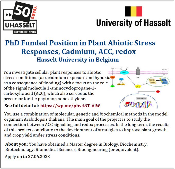 🚨 Tomorrow's the last day to apply for: 📌 PhD Funded Position in Plant Abiotic Stress Responses, Cadmium, ACC, redox at Hasselt University in Belgium ... Please Retweet and spread the word! For details visit: wp.me/pbv48T-6lW