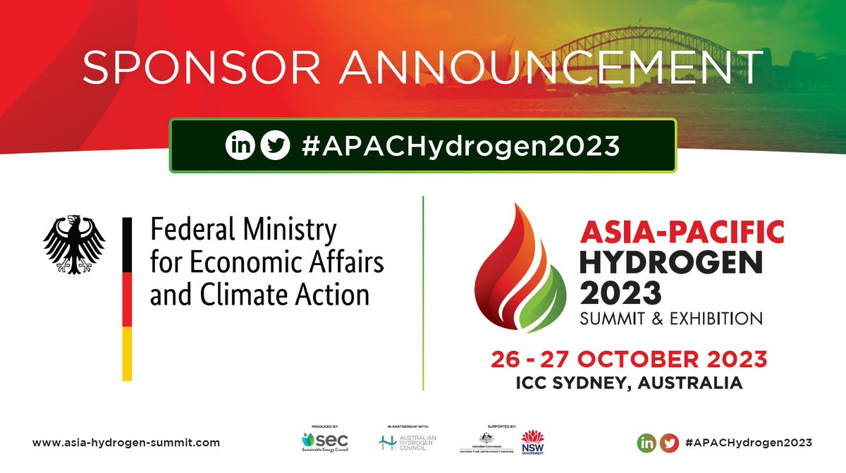 Asia-Pacific Hydrogen 2023 (@apachydrogen) on Twitter photo 📣 SPONSOR ANNOUNCEMENT! 📣
<a href="/BMWK/">Bundesministerium für Wirtschaft und Klimaschutz</a> are Government Partners for the #APACHydrogen2023 Summit & Exhibition
<a href="/ICCSyd/">ICC Sydney</a> on 26 - 27 October.
📌Stand: bit.ly/3kY86g3
🎟️Ticket: bit.ly/3mFLYrv
📕Brochure: bit.ly/3ZxwxQt 📣 SPONSOR ANNOUNCEMENT! 📣
<a href="/BMWK/">Bundesministerium für Wirtschaft und Klimaschutz</a> are Government Partners for the #APACHydrogen2023 Summit & Exhibition
<a href="/ICCSyd/">ICC Sydney</a> on 26 - 27 October.
📌Stand: bit.ly/3kY86g3
🎟️Ticket: bit.ly/3mFLYrv
📕Brochure: bit.ly/3ZxwxQt