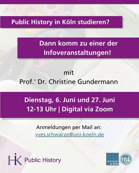 Christine Gundermann cgpublichistory@ruhr.social (@cgpublichistory) on Twitter photo Was kommt nach dem BA-Studium? Wer sich über das Masterprogramm zur #PublicHistory an der <a href="/UniCologne/">Universität zu Köln</a> informieren möchte, ist herzlich zur digitalen Informationsveranstaltung eingeladen: Dienstag, 27.06.2023, 12-13 Uhr, den Zoom-Link gibt es hier: Was kommt nach dem BA-Studium? Wer sich über das Masterprogramm zur #PublicHistory an der <a href="/UniCologne/">Universität zu Köln</a> informieren möchte, ist herzlich zur digitalen Informationsveranstaltung eingeladen: Dienstag, 27.06.2023, 12-13 Uhr, den Zoom-Link gibt es hier: