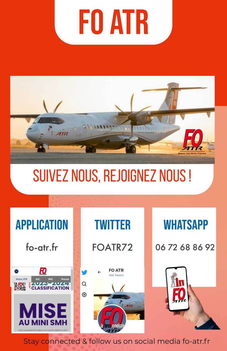 #FO #ATR suivez nous, rejoignez nous !
<a href="/ATRaircraft/">ATR</a> #syndicat #aeronautique #airbus et merci aux adhérent(e)s qui nous renouvellent leur confiance et à celles et ceux qui nous rejoignent !
#ensembleplusforts