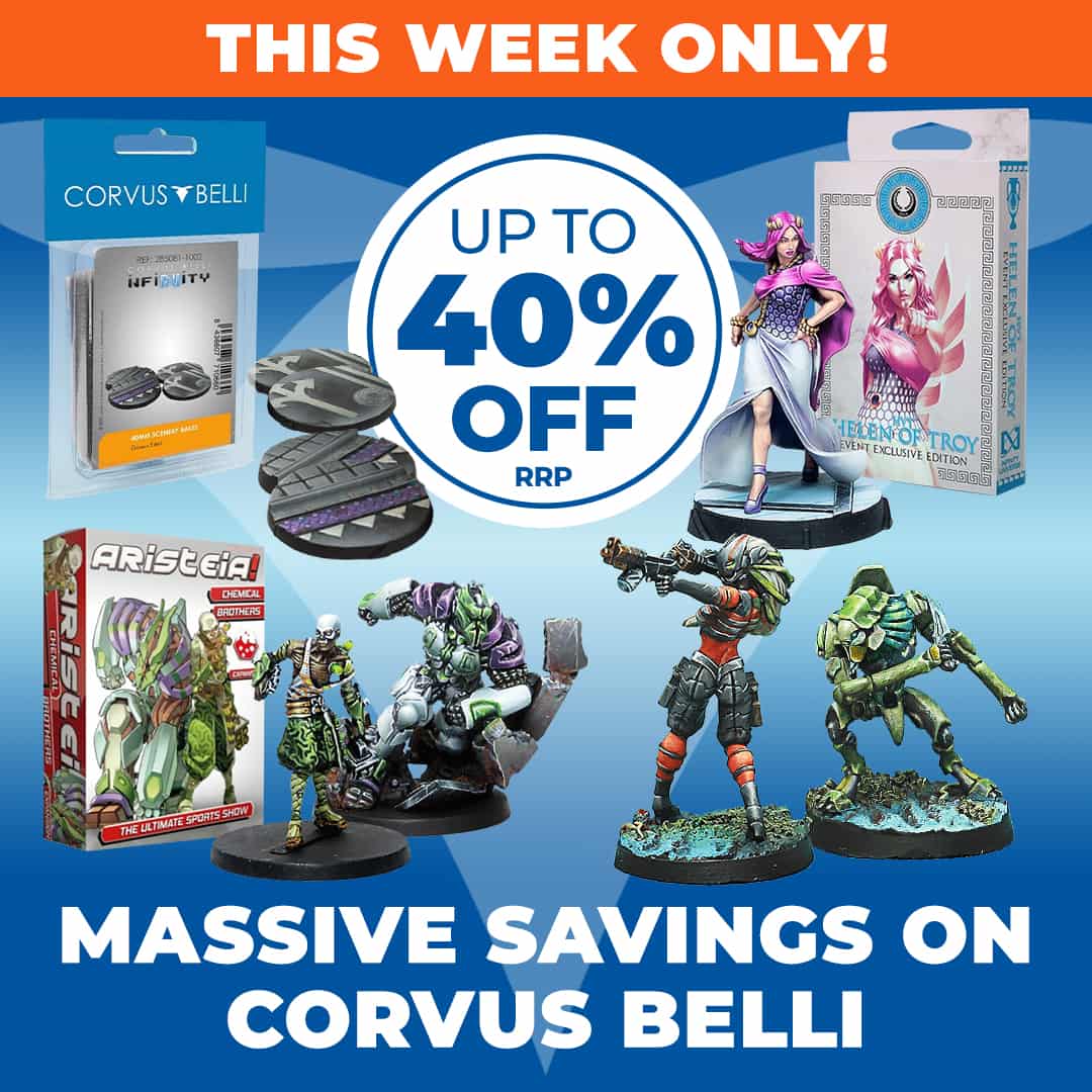 WaylandGames's tweet image. There&apos;s a wide range of great deals this week, with massive savings on reinforcements for your Infinity, Aristeia! and CodeOne.

Explore the #CorvusBelli savings here: rebrand.ly/vcfjqms

#InfinitytheGame #InfinityCodeOne #CorvusBelliInfinity