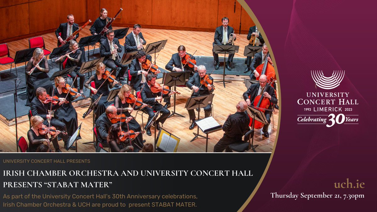 University Concert Hall (@uchlimerick) on Twitter photo As part of the University Concert Hall's 30th Anniversary celebrations, <a href="/ICOrchestra/">Irish Chamber Orchestra</a> & UCH are proud to present STABAT MATER.
🗓️21st September 2023
⏰7.30pm
From Pergolesi to Puccini, take an Italian voyage with Irish Concert Orchestra.
BOOK NOW: uch.ie/show/irish-cha… As part of the University Concert Hall's 30th Anniversary celebrations, <a href="/ICOrchestra/">Irish Chamber Orchestra</a> & UCH are proud to present STABAT MATER.
🗓️21st September 2023
⏰7.30pm
From Pergolesi to Puccini, take an Italian voyage with Irish Concert Orchestra.
BOOK NOW: uch.ie/show/irish-cha…