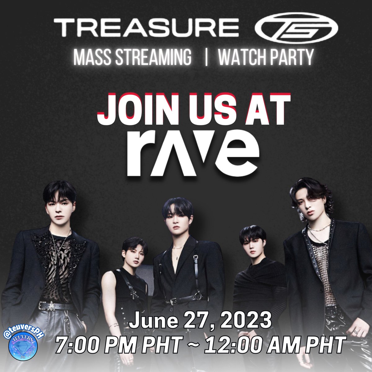 teuversPH's tweet photo. [TREASURE WATCH PARTY]
— 06272023

Teu-Hi!! We're having a watch party on Rave at 7:00 PM PHT today. Join us in streaming T5’s MOVE dance practice while waiting for the MV!

#MOVE_RELEASE
#TREASURE_MOVE
#T5MOVE
@treasuremembers https://t.co/sR9KwvRDKY