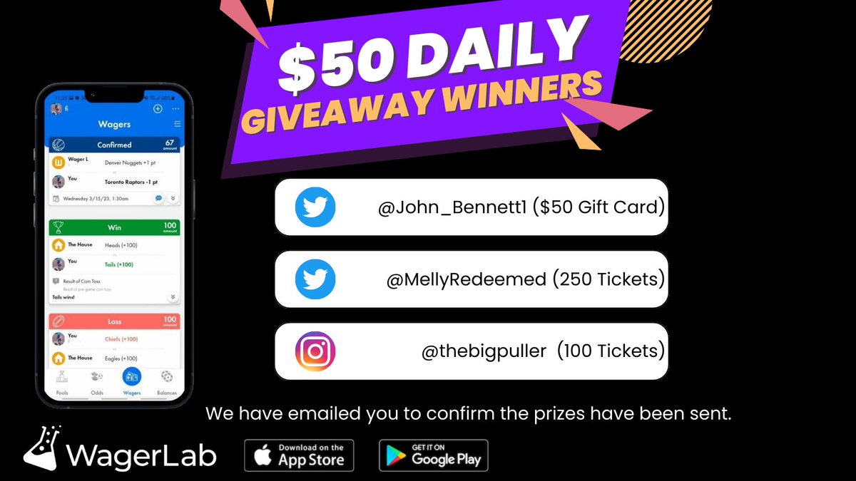 WagerLabApp's tweet photo. Congrats to our daily giveaway winners.
Thanks to all that entered. 
Keep an eye out for new ways to win soon! #wagerlab #Competition #picks #MLB #bettingtips #bettingpicks https://t.co/fEDqsW1ym1