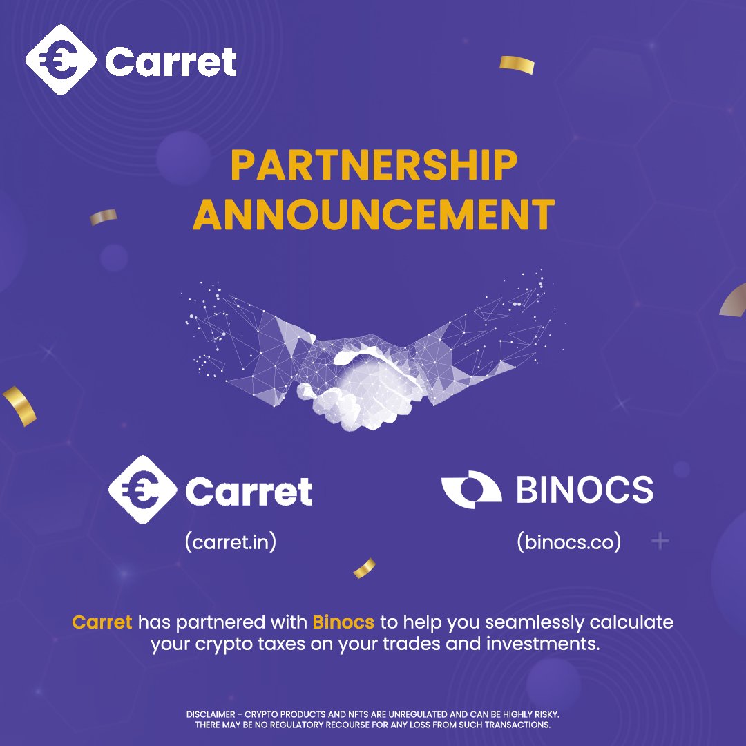 🚀 Exciting News!

🤝 Carret has partnered with @binocs_co

🎉 Now seamlessly calculate your crypto taxes on your trades and investments.💰

📈 Switch yourself from the hassle of manual calculations to instant calculations with Carret and Binocs.

#partnership #collaboration #tax