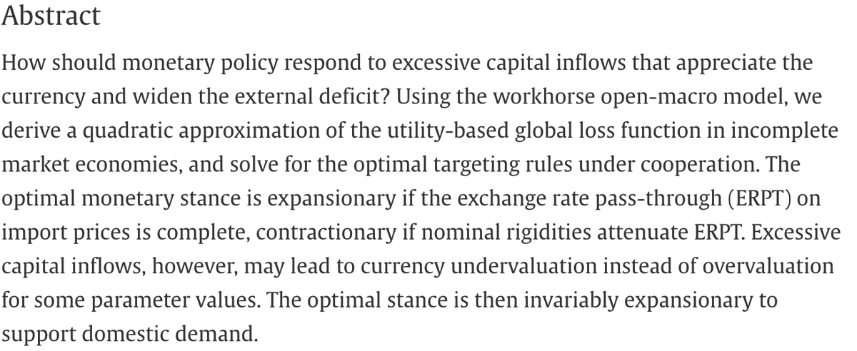 New: "Exchange rate misalignment and external imbalances: What is the optimal monetary policy response?" by Giancarlo Corsetti, Luca Dedola (<a href="/ECB_Research/">European Central Bank Research</a>) and Sylvain Leduc. How should monetary policy respond to excessive capital inflows ?
doi.org/10.1016/j.jint… 1/2