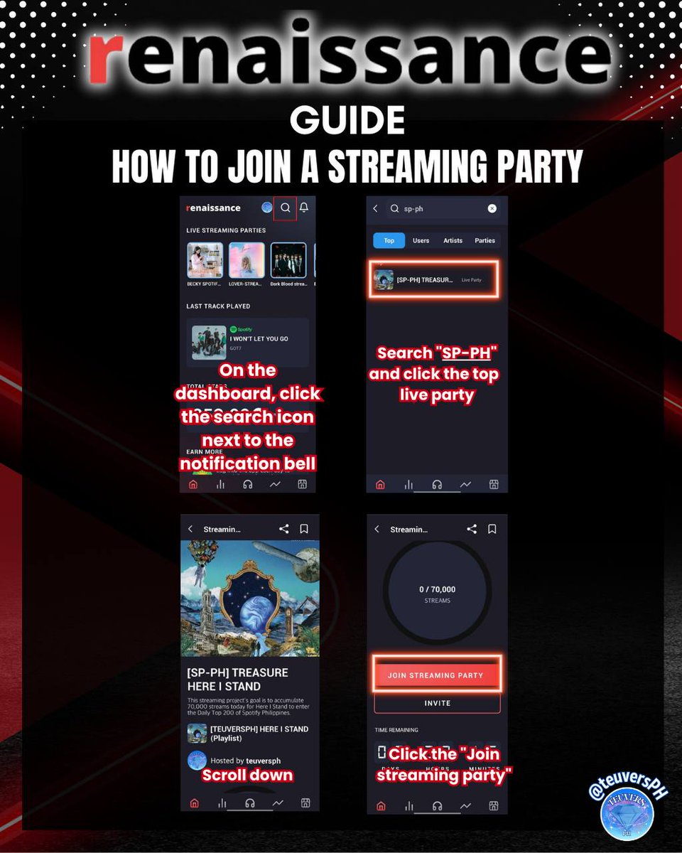 teuversPH's tweet photo. [🔊]​ COMEBACK ​REMINDERS
— Streaming Preparation Guide

Renaissance is a good way to boost our Spotify streams! Familiarize yourself with the app and follow this guide. Let’s gear up now for this comeback TREASURE MAKERS!

#MOVE_RELEASE
#TREASURE_MOVE
#T5MOVE
@treasuremembers https://t.co/He0ByAtOcv