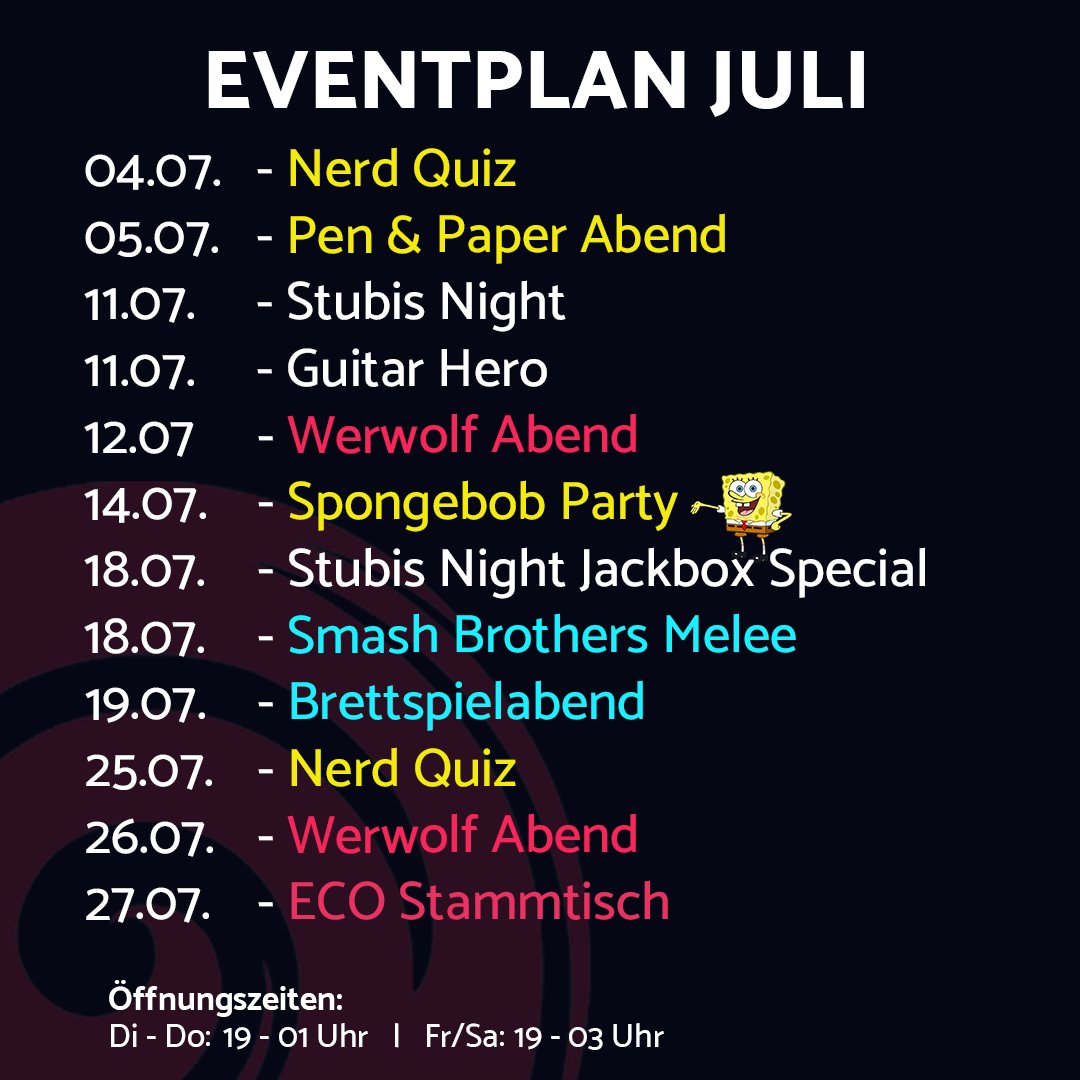 lostlevelbar's tweet photo. Der Juli im Lost Level!
Diesen Monat haben wir wieder ganz besondere Specials für euch vorbereitet. Sei ein Rockstar beim Guitar Hero Event oder werde kreativ mit deinem Kostüm bei unserer Spongebob Party am 14. Juli!
#gaming #esports #bar #koeln #cologne #eventplan #month https://t.co/113JOYWexc