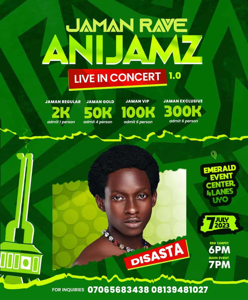 iamfatherA's tweet photo. Do you know Disasta, @lakrimmusic &amp; @Ubx_Okoko are confirmed to put up performances @ #JamanRave as @AniJamz will be live In Concert on July 7.

For Ticket Reservation Call : +234815114920

#ALIC #AniJamzLiveInConcert https://t.co/1HDfymH7Bt