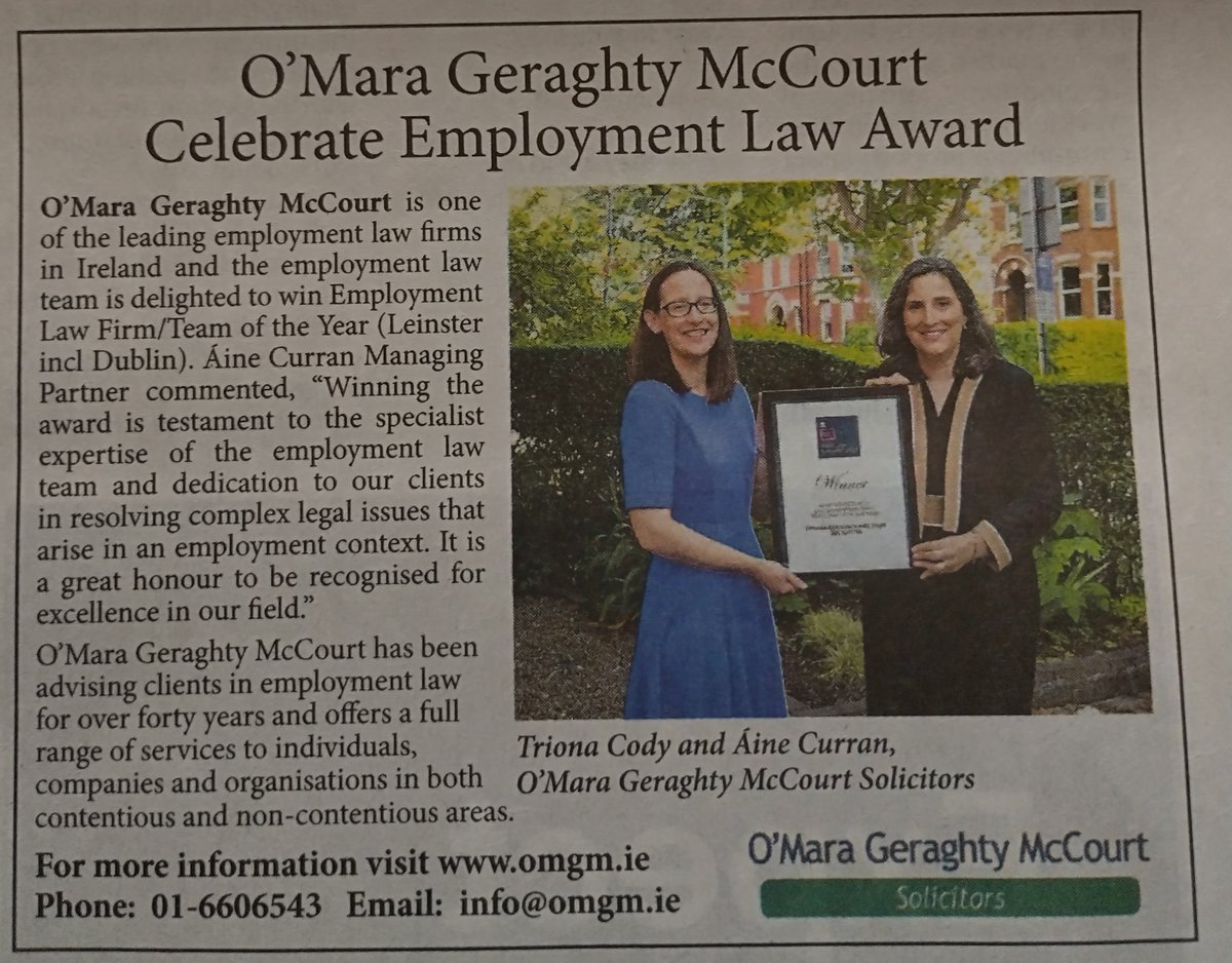 OMGMSolicitors's tweet photo. Thank you to @businessposthq for sponsoring the Employment Firm/Team/Lawyer of the Year award for Leinster (incl. Dublin) @IrishLawAwards https://t.co/FCQiOscyIh