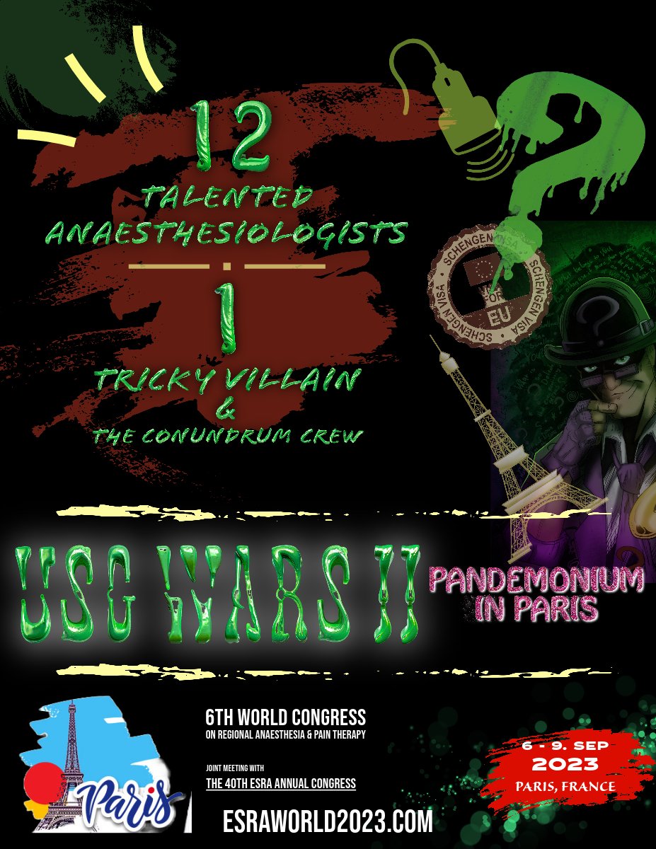 Amjad Maniar (@anesthetix) on Twitter photo Happy to announce that USG Wars returns at the 6th World Congress of Regional Anaesthesia and Pain Therapy in Paris!
esraworld2023.com
New Teams!
New Riddles!
New Format!
Same ole fun!
<a href="/ESRA_Society/">ESRA | European Society of Regional Anaesthesia</a> <a href="/KalagaraHari/">🩺 Hari (హరి 🇮🇳) Kalagara</a> <a href="/Ropivacaine/">Dr. Vishal Uppal MBBS, FRCA 🇨🇦🇮🇳🏴</a> <a href="/Nadia_Hdz_MD/">Nadia Hernandez, MD, FASA</a>
<a href="/harshamd5/">Harsha Shanthanna</a> <a href="/SivashanmugamT4/">Sivashanmugam Thiyagarajan</a> Happy to announce that USG Wars returns at the 6th World Congress of Regional Anaesthesia and Pain Therapy in Paris!
esraworld2023.com
New Teams!
New Riddles!
New Format!
Same ole fun!
<a href="/ESRA_Society/">ESRA | European Society of Regional Anaesthesia</a> <a href="/KalagaraHari/">🩺 Hari (హరి 🇮🇳) Kalagara</a> <a href="/Ropivacaine/">Dr. Vishal Uppal MBBS, FRCA 🇨🇦🇮🇳🏴</a> <a href="/Nadia_Hdz_MD/">Nadia Hernandez, MD, FASA</a>
<a href="/harshamd5/">Harsha Shanthanna</a> <a href="/SivashanmugamT4/">Sivashanmugam Thiyagarajan</a>