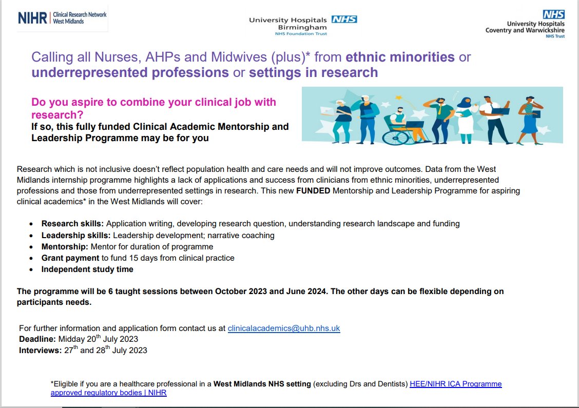 ‼️ Apply now for this fully funded Clinical Academic Mentorship and Leadership Programme for Nurses, AHP's & Midwives (plus)* from ethnic minorities or underrepresented professions or settings in research, email clinicalacademics@uhb.nhs.uk for more information‼️🙂