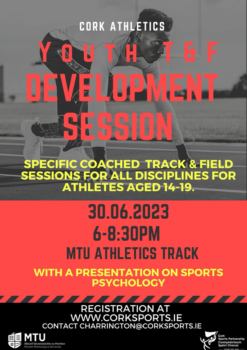 🏃Cork Teenage Development T&amp;F Night🏃

⌛️Limited places remaining ⌛️

📅Friday June 30th
⏰6-8:30pm
🎟️eventmaster.ie/event/8B32S7qT…
❓charrington@corksports.ie