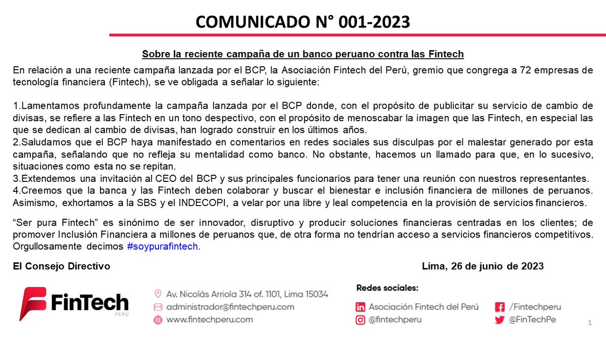 Nuestro gremio se pronuncia sobre la campaña del BCP que atenta contra las #fintech.