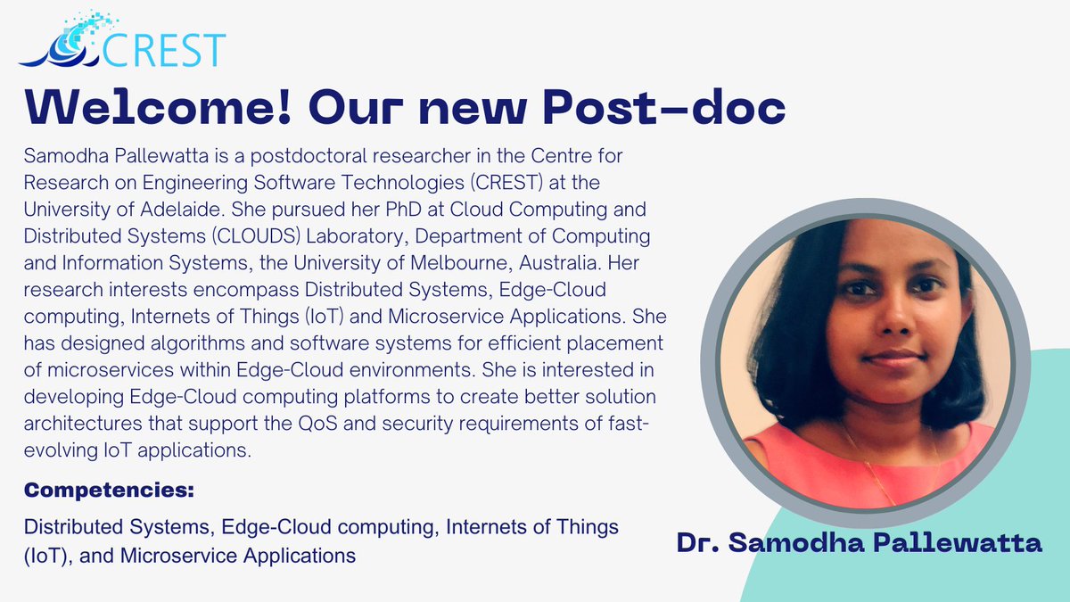 crest_centre's tweet photo. @kuntingchen1 @alibabar 📣 Exciting news! Dr. Samodha Pallewatta has joined CREST as a postdoc researcher!
👩‍💼Her research expertise is in Distributed Systems, Edge-Cloud computing, IoT, &amp; Microservices. 
🌟We look forward to working with her to take our research in these areas to the next level. 4/n https://t.co/FWfR1bfmwN