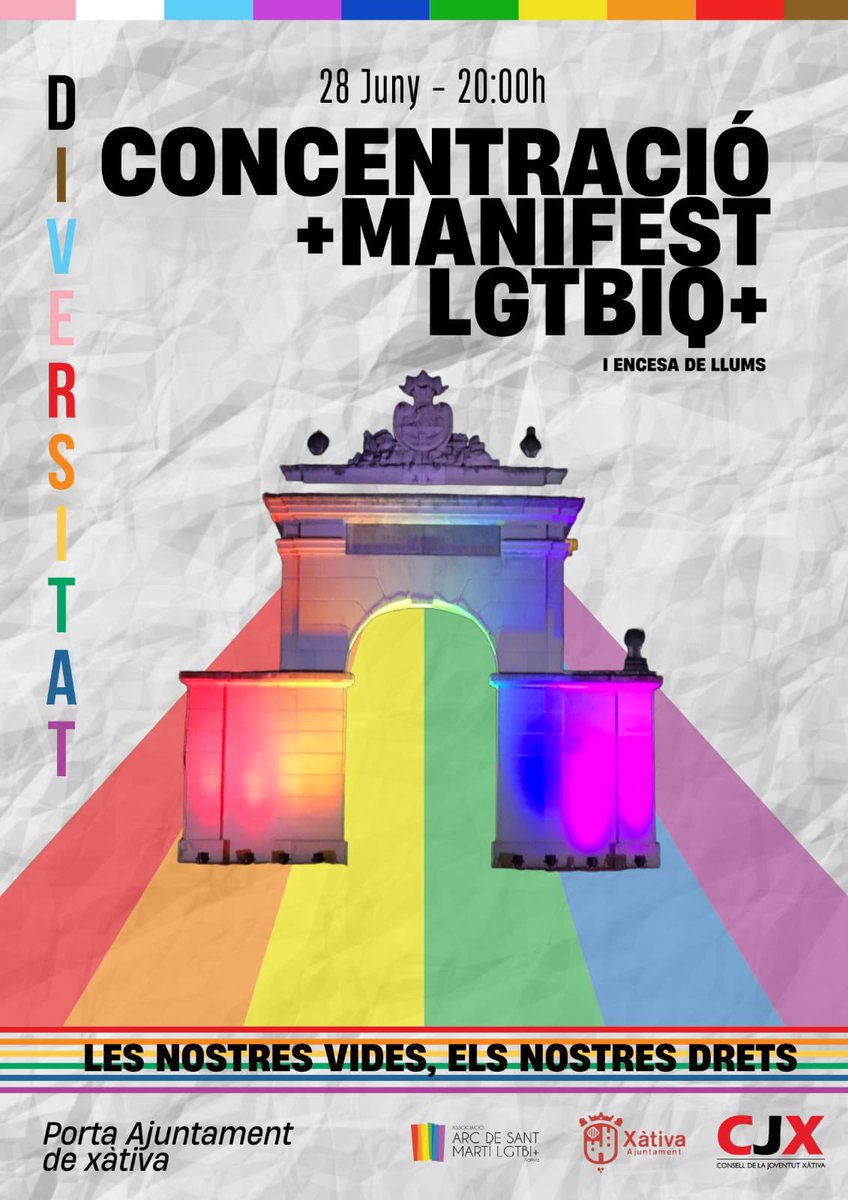 ArcSantMartiXtv's tweet photo. 📣Concentració i Lectura del Manifest de l’Orgull LGTBIQ+ 2023 de Xàtiva

🗓️Dimecres 28 juny
🕗20 h
📍Porta de l’Ajuntament de Xàtiva

👥Mobilitza’t i participa

🌈Posteriorment s’encendran diferents punts de Xàtiva amb els colors LGTBIQ+

🏳️‍🌈Les nostres vides, els nostres drets! https://t.co/7O1hdyMYth