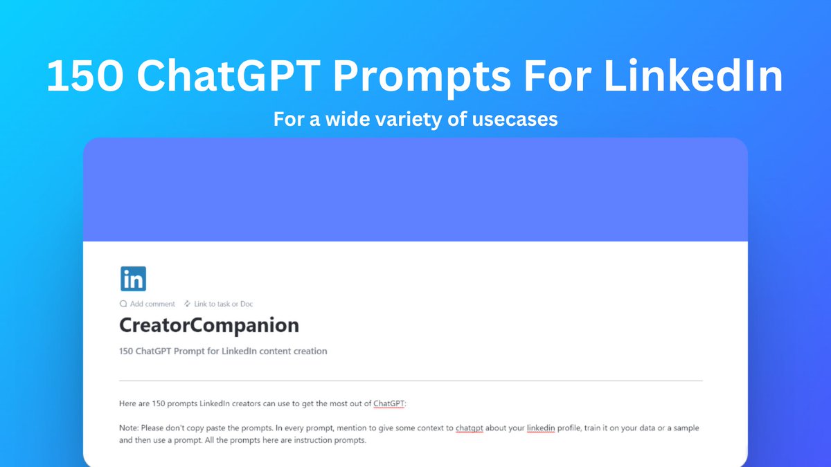 shushant_l's tweet image. LinkedIn has 1,000,000+ opportunities.
But, you’re missing most of them.
I’ve prepared a resource that has 150 ChatGPT prompts for LinkedIn content creation.
It is FREE for 24 hours.
After that, it will cost $$$
To get it,
1. Like
2. Comment ‘😀’
3. Retweet
I’ll send it in…