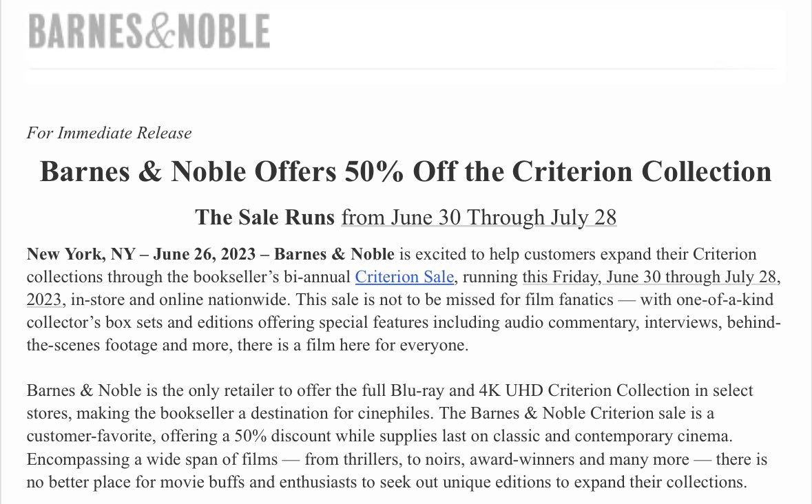 Criterion Sale begins at Barnes & Noble this Friday, June 30th and runs through July 28th.