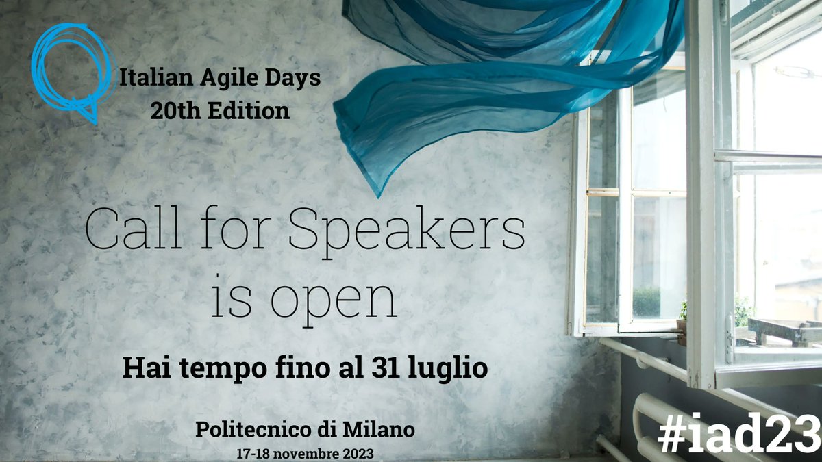 #IAD23 - la Call for Speakers è aperta. 

Hai tempo fino al 31 luglio per essere il testimone del Cambiamento e dell'Agilità agli IAD 2023.

Milano, 17 e 18 novembre.

Tutte le informazioni sulla c4s qui buff.ly/3NfjoXB

#IAD23 #IAM #AGILE