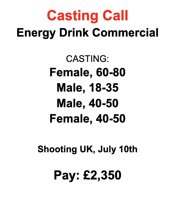 #castingcall #audition
Well know Energy Brand - Online Commercial
Seeking 4 actors
1 day shoot (London) £2.3k
FREE TO APPLY
castingcallback.com/job/17934/comm…