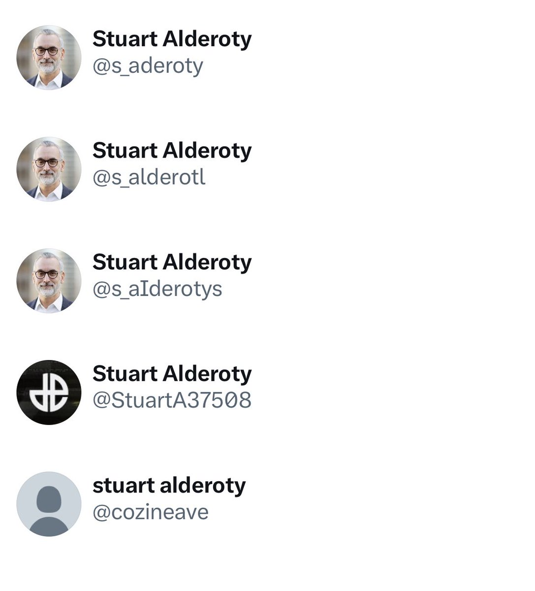s_alderoty's tweet photo. PSA: All of these are fake accounts https://t.co/owqpR4eaX4