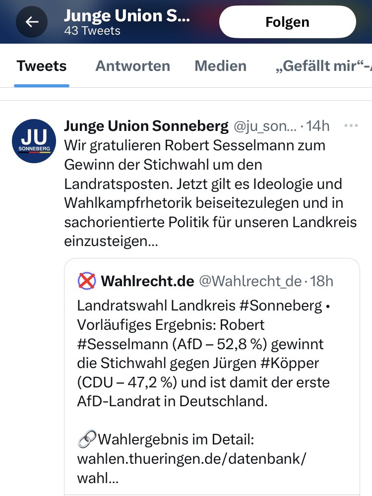 Bröckelt da etwa die #Brandmauer?

@CDU @_FriedrichMerz 
#Sonneberg #AfD #Thueringen #Landratswahl