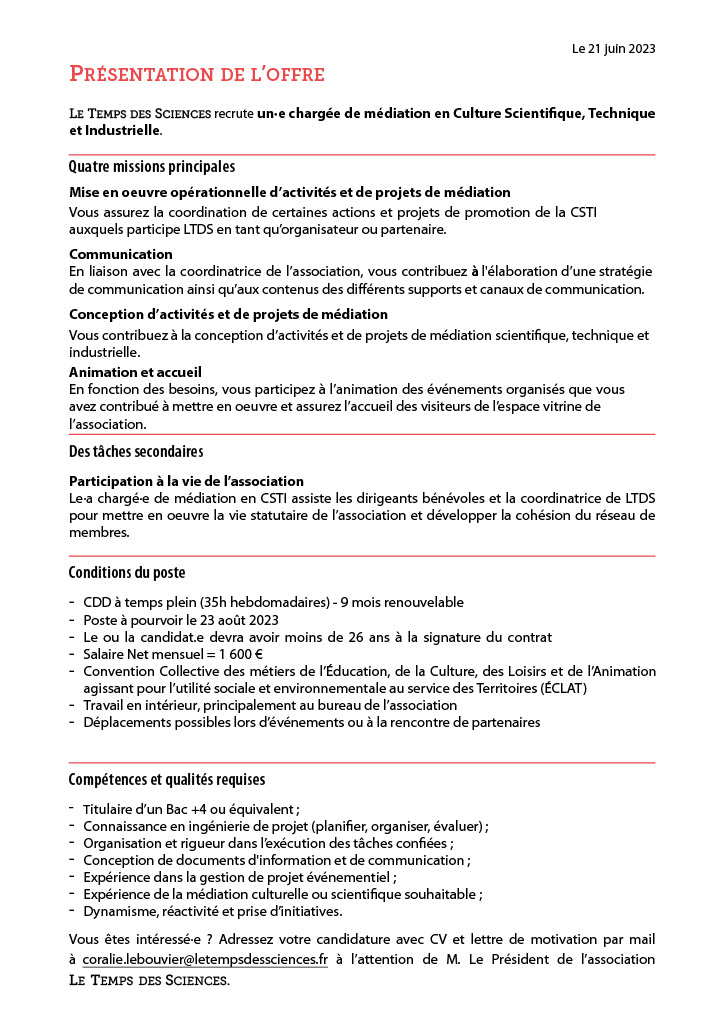Vous avez envie d'œuvrer pour la culture scientifique et technique en Bretagne ? 🐬
- Coordination et conception d’activités et de projets de médiation 
- Animation des événements et com  
et pleins d'autres missions !! 🤩
↪ Offre Chargé.e de médiation scientifique <a href="/LTDSciences/">LE TEMPS DES SCIENCES</a>