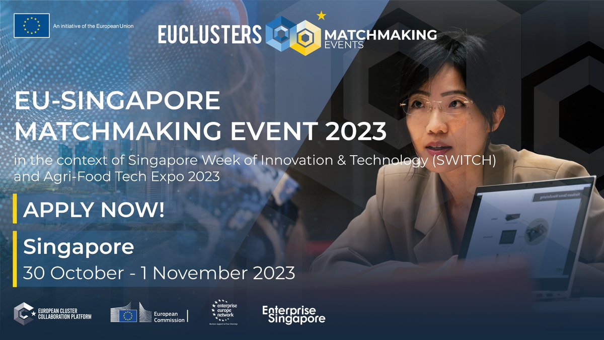 🔍 Looking for collaborations in agri-food, biomedical tech, digital tech, smart cities, advanced manufacturing, or green tech?

Apply for the #ECCPMatchmaking event in 📍Singapore
🗓️ 30 Oct - 1 Nov 2023

Don't miss this opportunity - deadline 12 July ⬇️ clustercollaboration.eu/content/eu-sin…