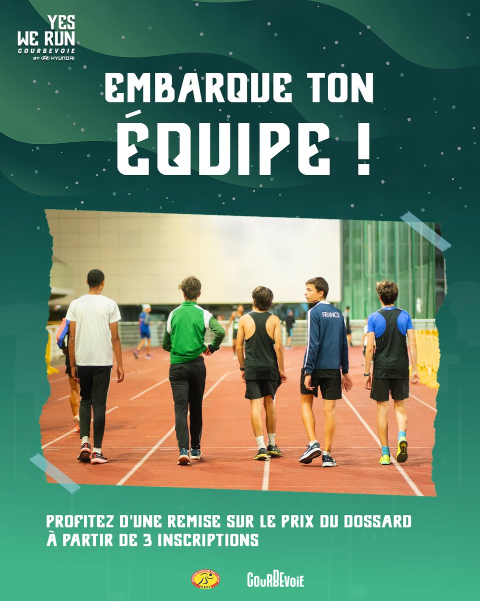 𝗘𝗠𝗕𝗔𝗥𝗤𝗨𝗘 𝗧𝗢𝗨𝗧𝗘 𝗧𝗢𝗡 𝗘𝗤𝗨𝗜𝗣𝗘 ! 🏃🏃‍♀️🏃‍♂️

💸 Sur le 5 ou 10km, profitez d'une 𝙧𝙚𝙢𝙞𝙨𝙚 𝙨𝙪𝙧 𝙡𝙚 𝙥𝙧𝙞𝙭 𝙙𝙪 𝙙𝙤𝙨𝙨𝙖𝙧𝙙 à partir de 3 inscriptions.

📆 𝟮𝟯 𝗦𝗘𝗣𝗧𝗘𝗠𝗕𝗥𝗘 𝟮𝟬𝟮𝟯

yesweruncourbevoie.fr

#YesWeRun