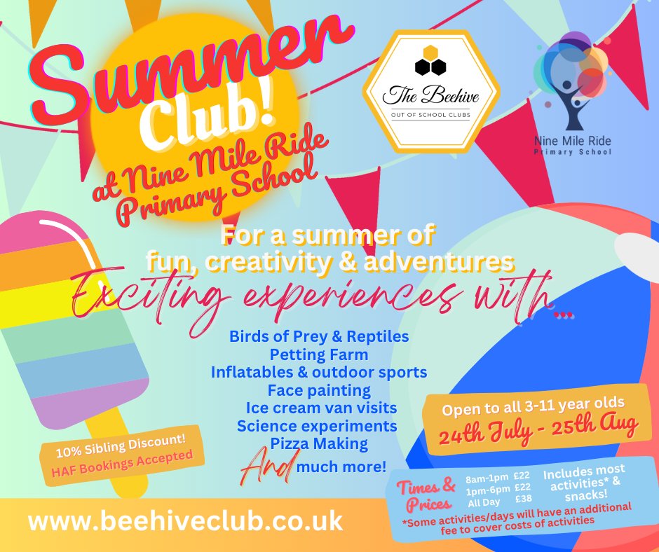 The Beehive Summer Holiday Club returns to @nmrprimary  this summer!
Open to ALL 3-11 year olds, running 24th July-25th Aug for a summer of fun, creativity and adventures!
For more information, to register and book, please visit: beehiveclub.co.uk/holidayclubs

#SummerHolidayClubs