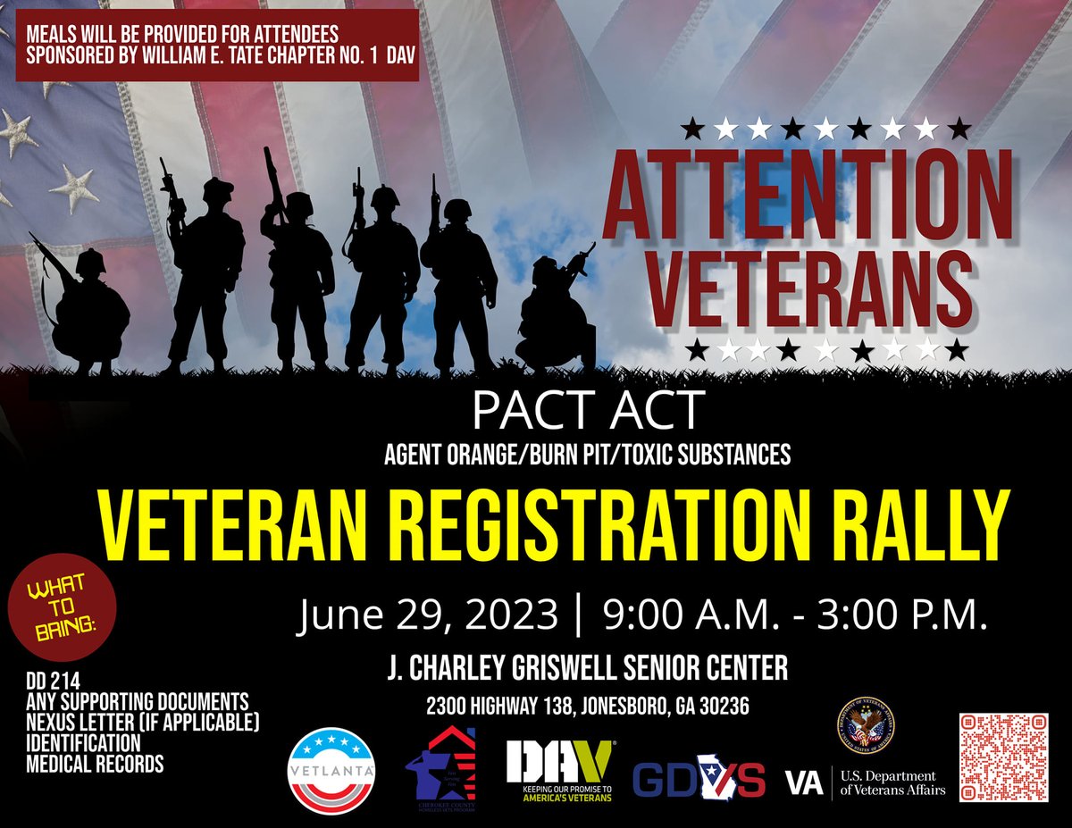 Clayton County Senior Services, in conjunction with VETLANTA, will host a Pact Act Veteran Registration Drive  on Thurs., June 29, 2023, from 9:00 a.m.- 3:00 p.m. at J. Charley Griswell Senior Center, 2300 Highway 138, Jonesboro, GA 30236. #Claytonconnected