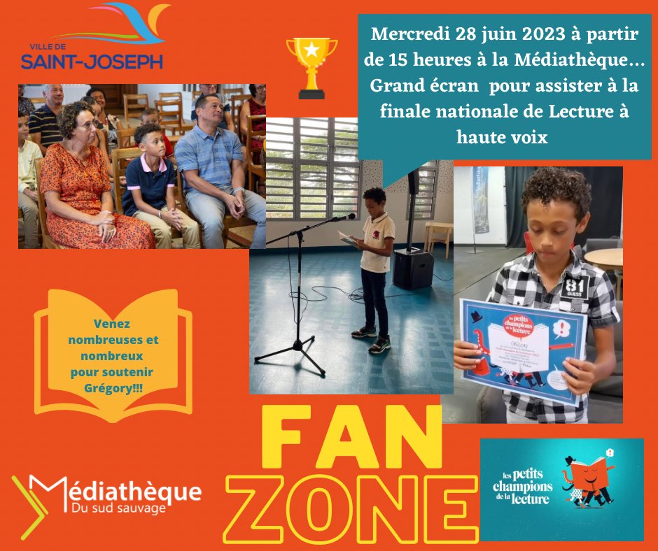 Venez nombreuses et nombreux assister à la finale nationale des  Petits <a href="/championlecture/">Les Petits champions de la lecture</a> , ce mercredi 28 juin à partir de 15 heures (heure locale)
#lecture #lectureahautevoix  #finale #champion #mediatheque