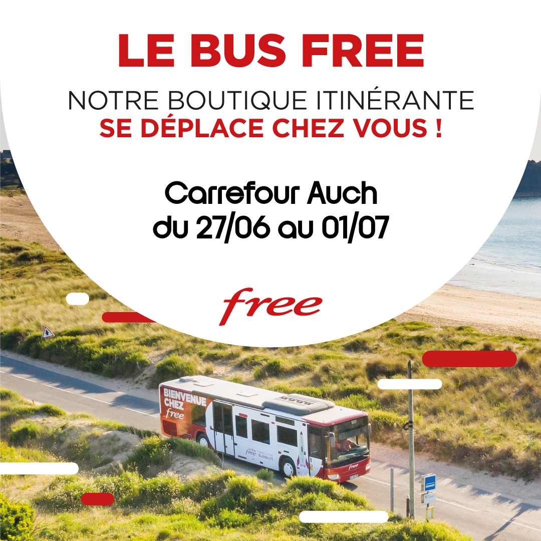 Le bus Free est de retour sur les routes de France😍  Dès demain, retrouvez notre boutique itinérante au Carrefour Auch jusqu'au 01/07📍Nous vous attendons nombreux 🤝
<a href="/Occitanie/">Région Occitanie</a> <a href="/GersFibre/">Gers Fibre</a> @LeGers32 <a href="/ladepeche_32/">La Dépêche 32</a>
<a href="/lejournaldugers/">Le journal du Gers</a> <a href="/LaRadioHitFm/">Hit FM Radio</a> #Free #Gers