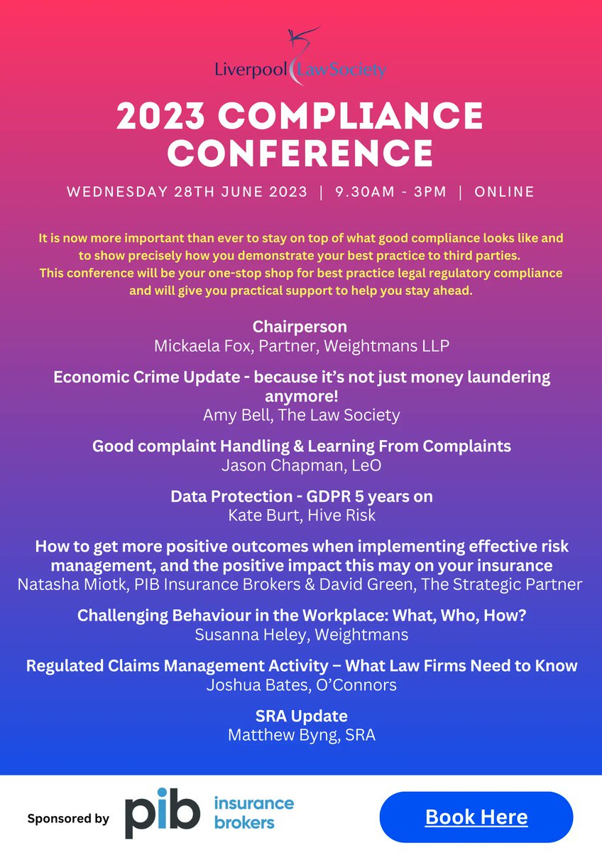Liverpool Law Society (@lpoollawsociety) on Twitter photo Last chance to book for online Compliance Conference 28 June sessions on anti-money laundering, supervision changes, #data protection, #RiskManagement by <a href="/PIB_Insurance/">PIB Insurance Brokers</a>, regulated claims management & SRA update: essential for #Legal #regulatory compliance bit.ly/43R4kGE Last chance to book for online Compliance Conference 28 June sessions on anti-money laundering, supervision changes, #data protection, #RiskManagement by <a href="/PIB_Insurance/">PIB Insurance Brokers</a>, regulated claims management & SRA update: essential for #Legal #regulatory compliance bit.ly/43R4kGE