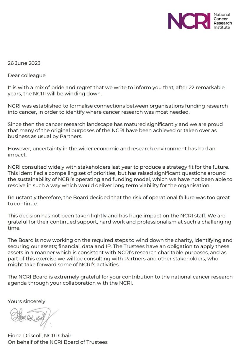 ShaunLintern's tweet image. Wow. UK&apos;s National Cancer Research Institute is to closedown after more than 20 years over concerns about its funding. I am told this infrastructure is vital to cancer clinical trials across UK.

Letter today from NCRI chair: