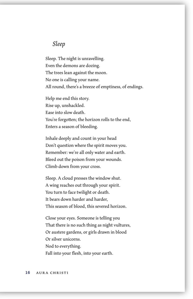 'Sleep. The night is unravelling. 
Even the demons are dozing. 
The trees lean against the moon. 
No one is calling your name.
All round, there's a breeze of emptiness, of endings.'

– Aura Christi, translated from Romanian by Gabi Reigh

reader.exacteditions.com/issues/110455/… (Log in required)