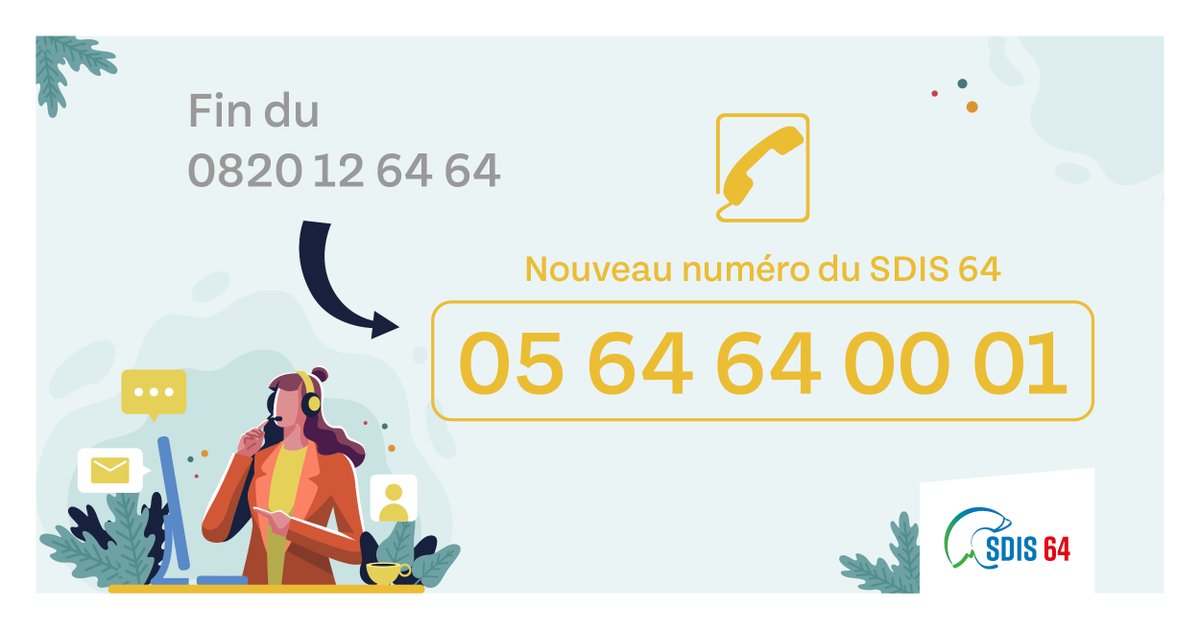☎️ [Nouveau numéro du SDIS 64]

Le numéro téléphonique du #SDIS64 change !

Pour joindre le standard, il faut désormais composer le 📞 05 64 64 00 01 au lieu du 0820 12 64 64.

#accueil #changement #nouveau #standard