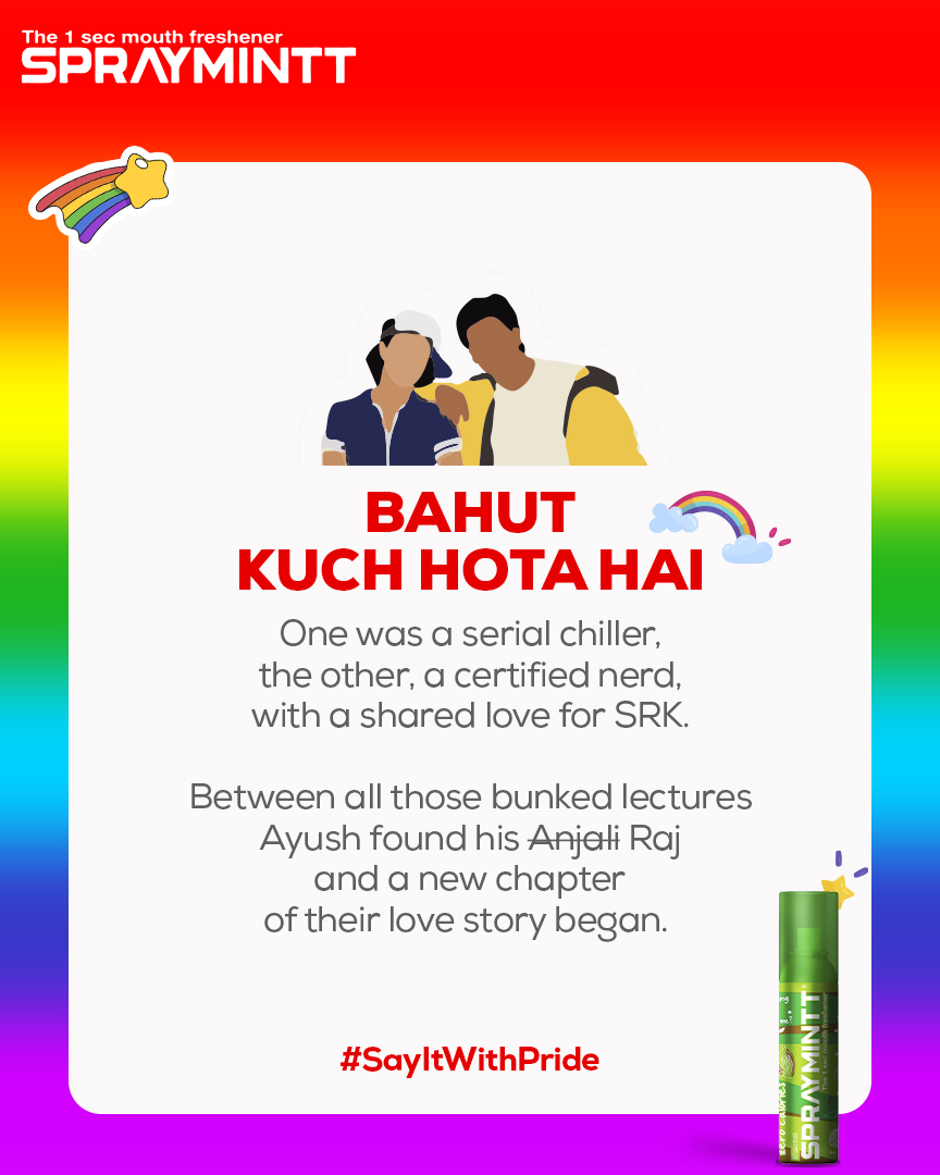 Share this post with that SRK fan who is looking for a typical filmy love story! 🎬💌​
#SayItWithPride

#Spraymintt #EkSecondKaafiHai #LGBTQIA #Pride #Pride2023 #LoveWins #Acceptance #LoveIsLove #LGBTLove #BornPerfect #LGBTQIAPlus