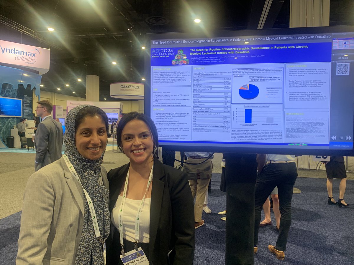 Congrats to ⁦@nakhtermd⁩ and #Maria Hernandez on their ⁦@ASE360⁩ poster highlighting the importance of surveillance echoes in patients with CML treated with Dasatinib. ⁦@NMCardioVasc⁩