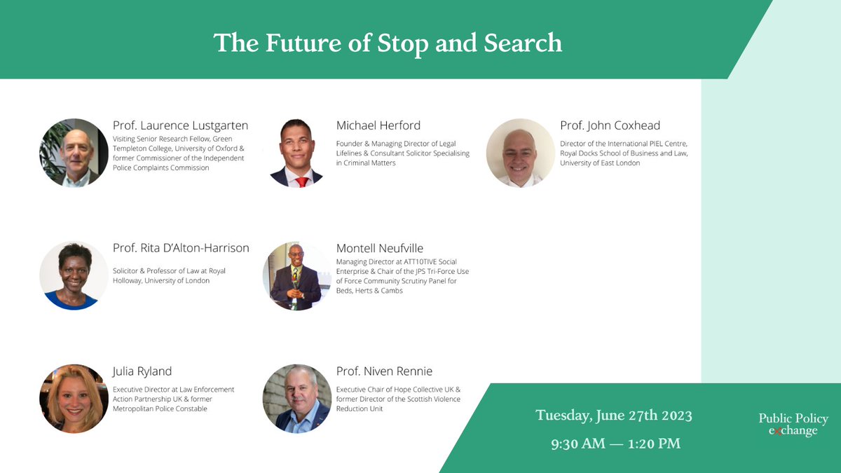 Don't miss tomorrow's #webinar on The Future of Stop and Search 📅 Tuesday, June 27th ⏰ 9:30 AM - 1:20 PM Register➡️ shorturl.at/kyzLR With: Prof. Laurence Lustgarten, @RitaDHarrison, @juliaryland, @Michael_Herford, Montell Neufville, @ExecChairHC and Prof. John Coxhead