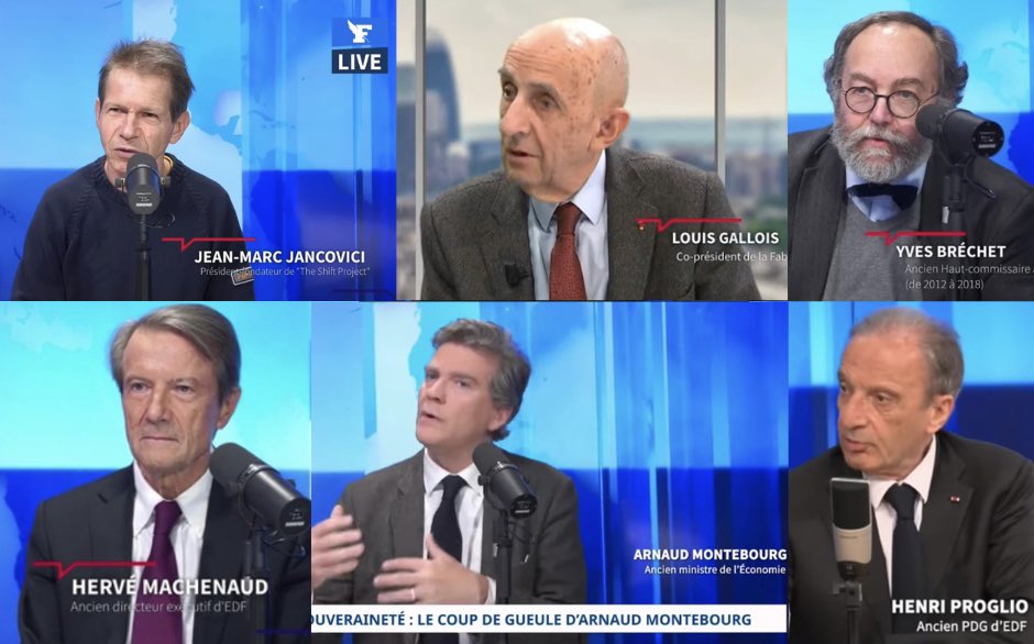 ♻️ <a href="/JMJancovici/">Jean-Marc Jancovici</a>, <a href="/montebourg/">☰ Arnaud Montebourg</a>, Henri Proglio, Yves Bréchet, Hervé Machenaud, Louis Gallois.

Tous sont venus sur le plateau du @Figaro_Live pour parler #nucléaire, marché européen de l’énergie, voire destruction d’#EDF.

Leur constat est implacable.

Thread 1/7.