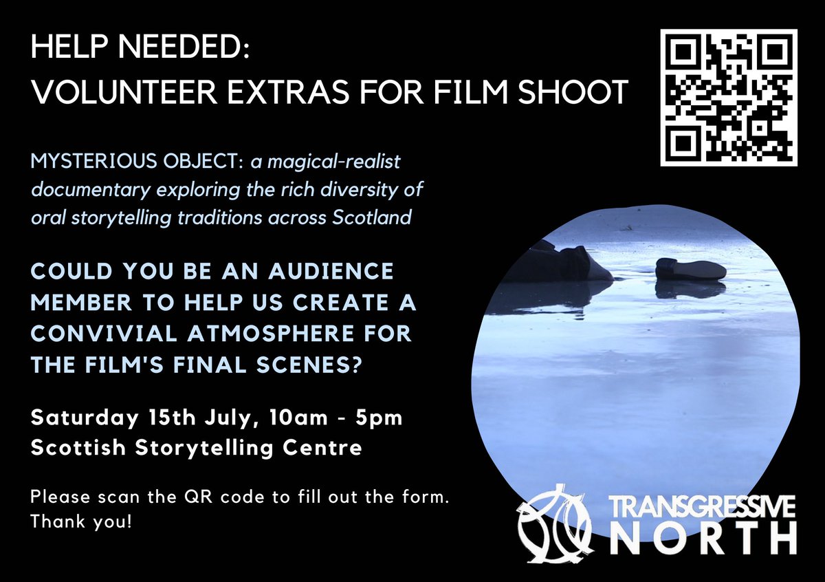 Can you help out with a new #folkcinema project? We're looking for a volunteer audience to help shoot the final scenes of the film 'Mysterious Object' by @transgressnorth at @ScotStoryCentre, Sat 15th July 👉 forms.gle/z1XyTwfGGyhVBx… RTs v. welcome! 🙏